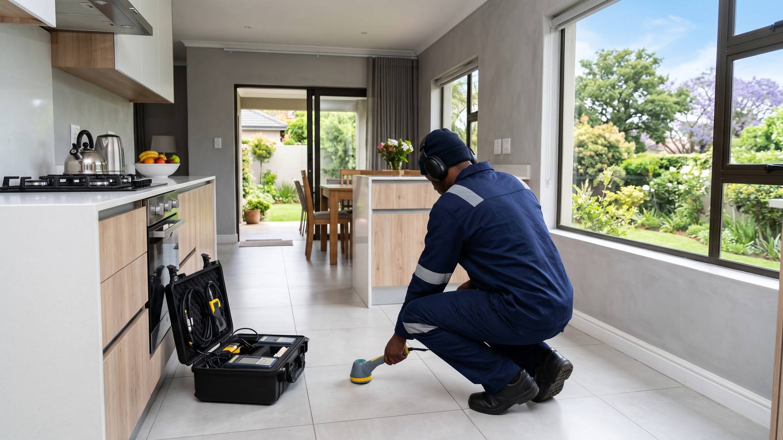 Technician in navy overalls, back to camera, listening with an acoustic leak detection microphone on a tiled kitchen floor in a tidy Johannesburg home.