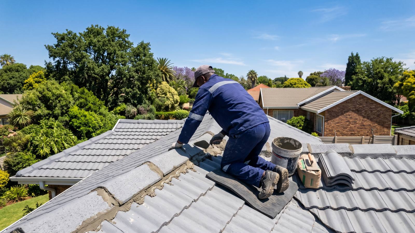Roofer in navy overalls, seen from behind, bedding a ridge tile on a grey concrete-tile roof of a Johannesburg house during roof repairs.