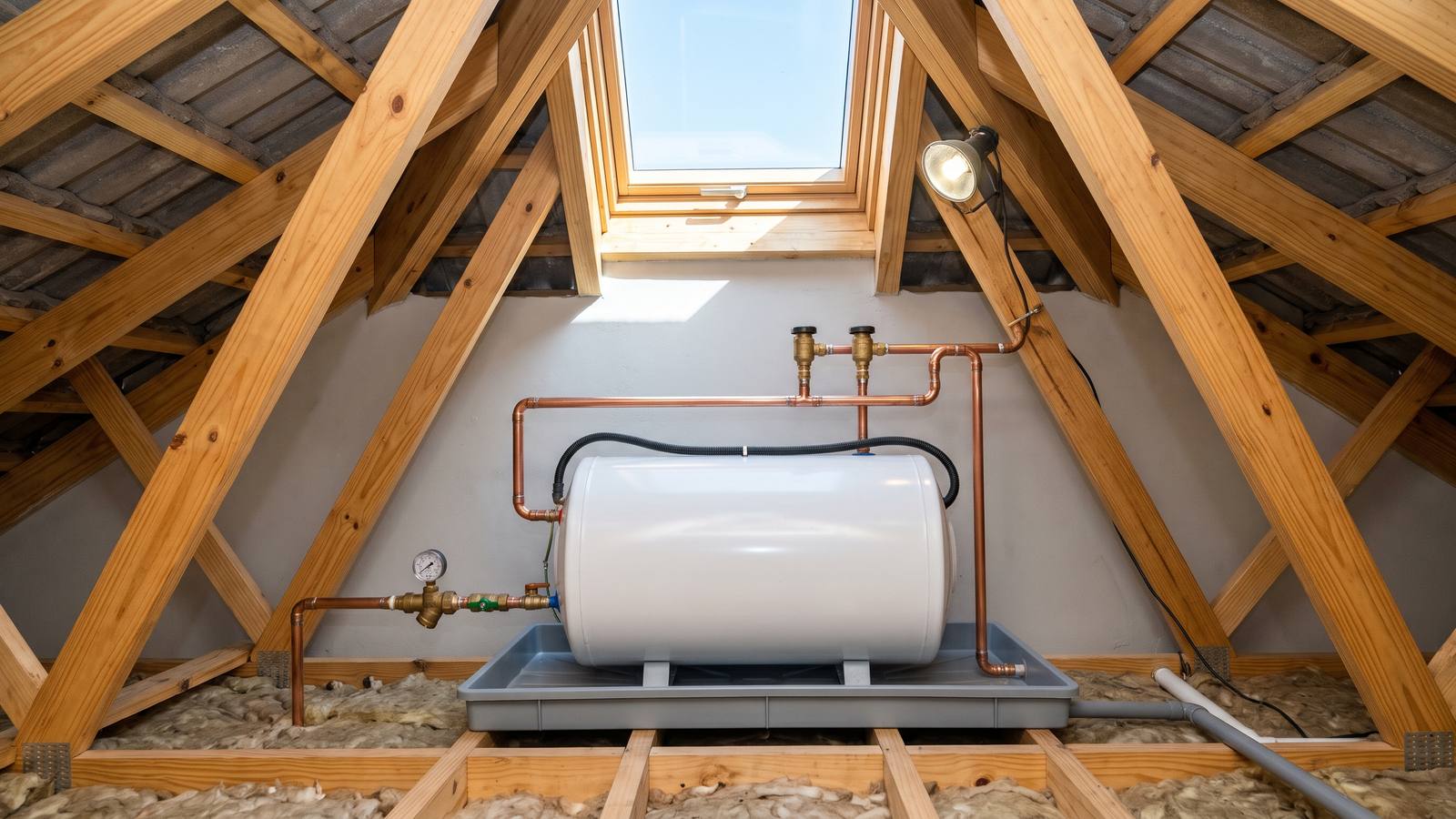 Horizontal white electric geyser in a clean roof space, sitting in a drip tray with its pressure valve, vacuum breakers and copper pipework in view.