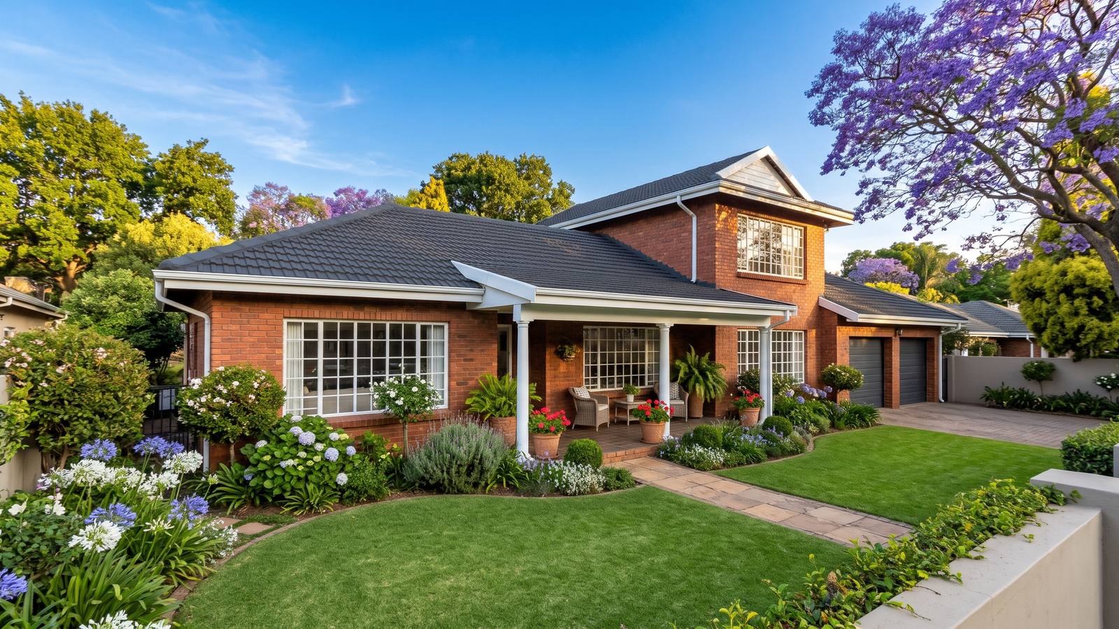 Double-storey face-brick family home in Johannesburg with a charcoal concrete-tile roof, white gutters and a green lawn, the house that home renovations in Johannesburg keep sound.