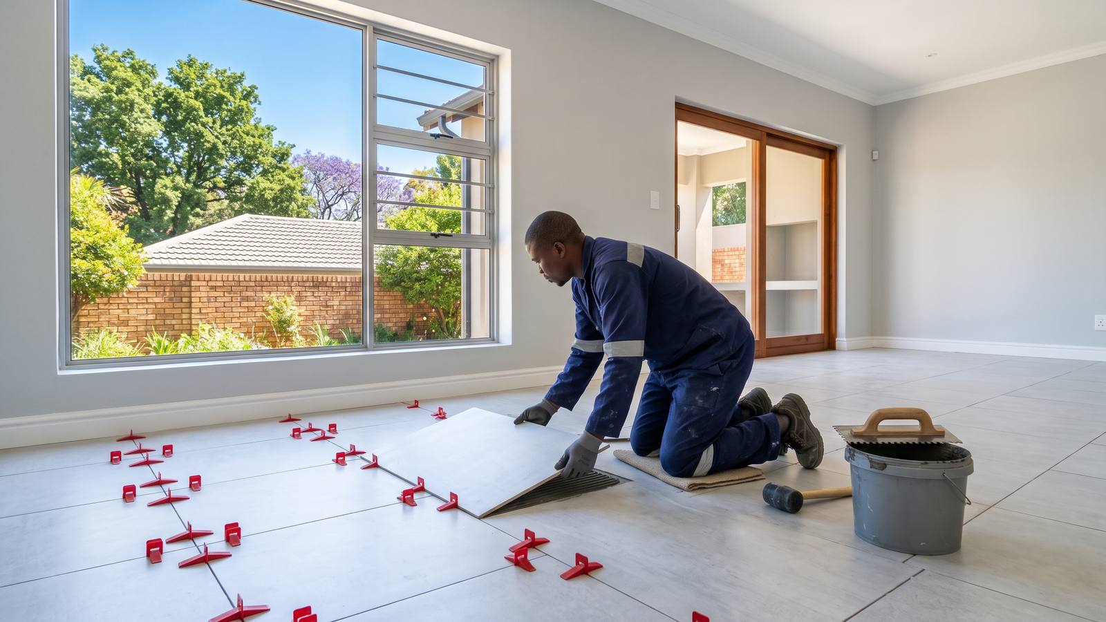 Tiler in navy overalls, side-on, setting large porcelain floor tiles with levelling clips in a bright empty room, a notched trowel beside him.