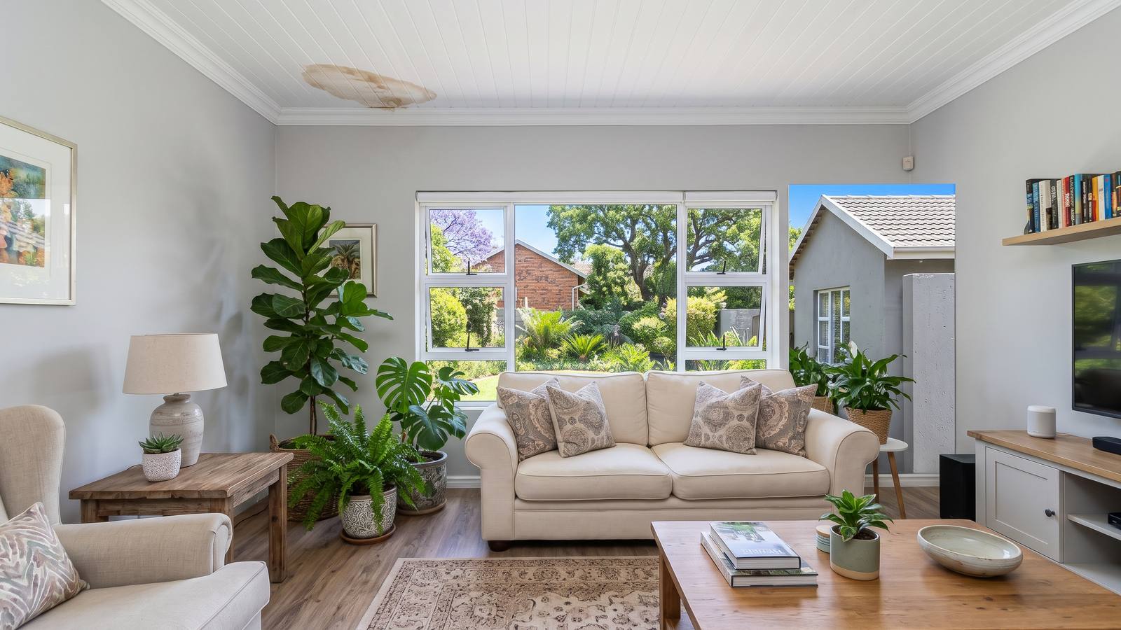 Bright furnished living room with a brown water stain on the white ceiling board near a cornice, the kind of damage ceiling repairs fix after a roof leak.